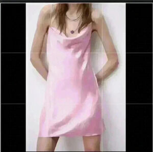 Like new Party cocktail pink cowl sexy slip shiny spaghetti strap mini dress L